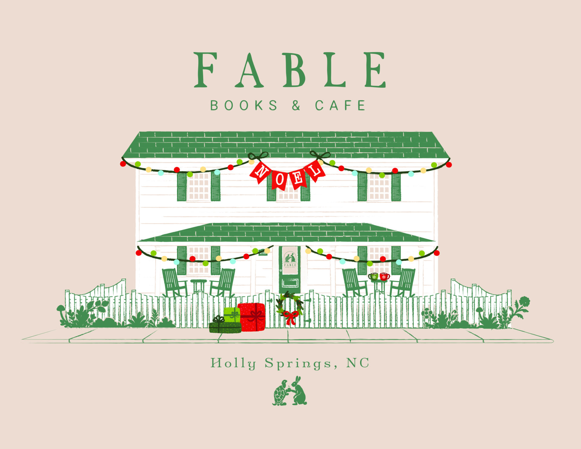 Storefront illustration of Fable Books and Cafe in Holly Springs, NC by Aurora Whittet Best
