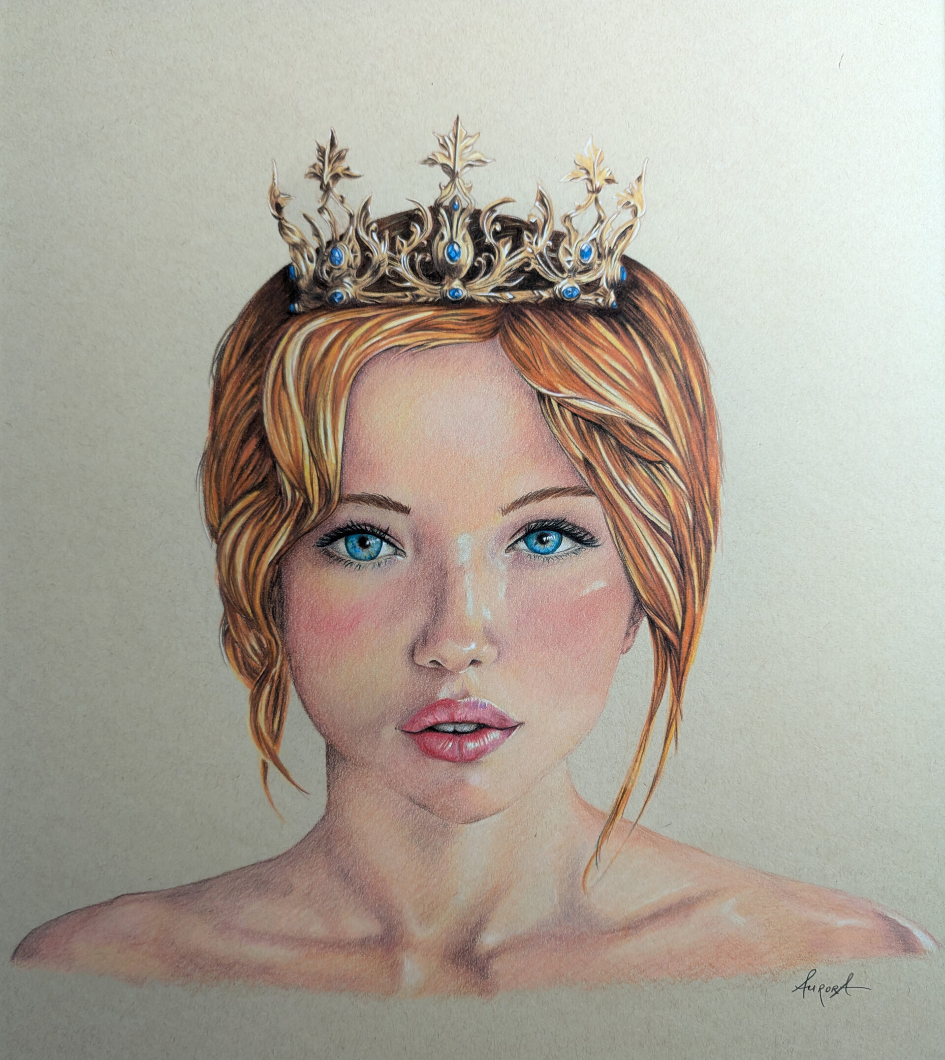Golden Love Crown colored pencil portrait illustration by Aurora Whittet Best.