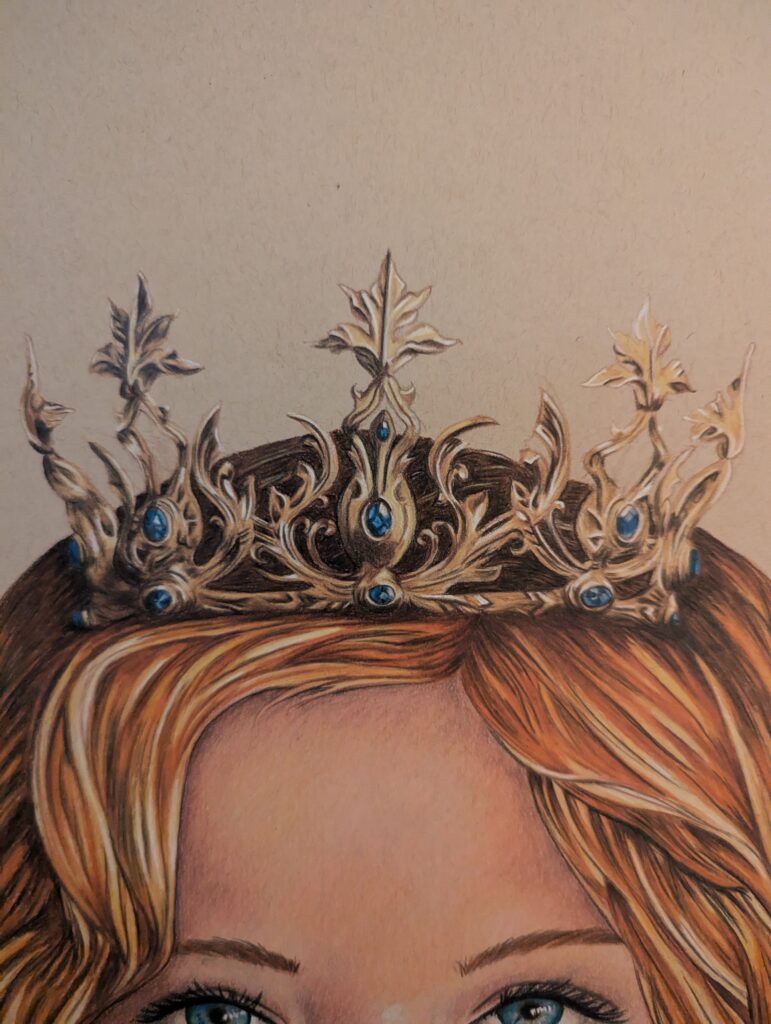 Golden Love Crown colored pencil portrait illustration by Aurora Whittet Best. 