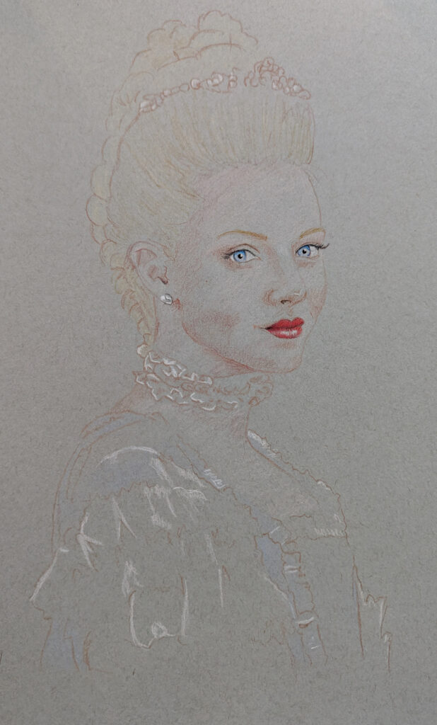 Marie Antoinette portrait in progress by Aurora Whittet Best for POWDER AND POISON by Julia Jackson.