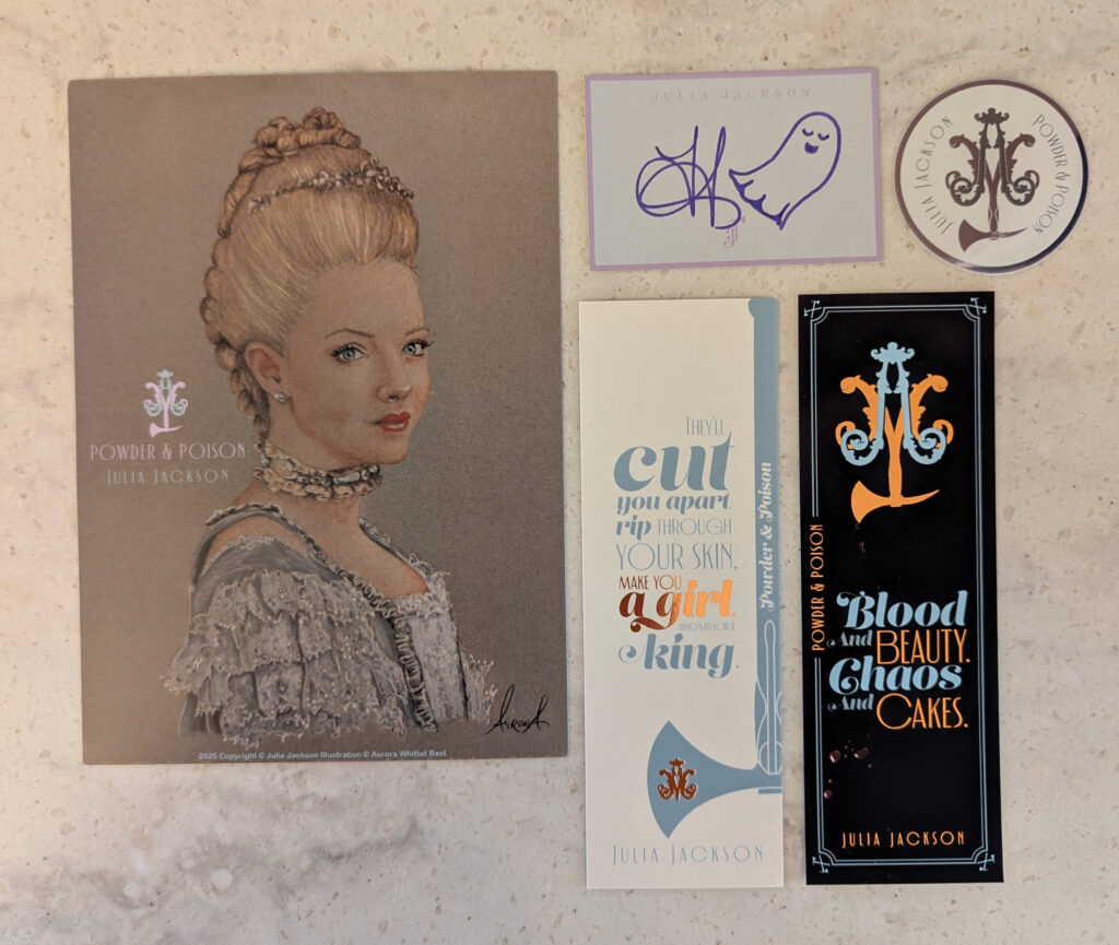 DESIGN: Logo, Bookmarks, Stickers and Book Plate for POWDER AND POISON by Julia Jackson.