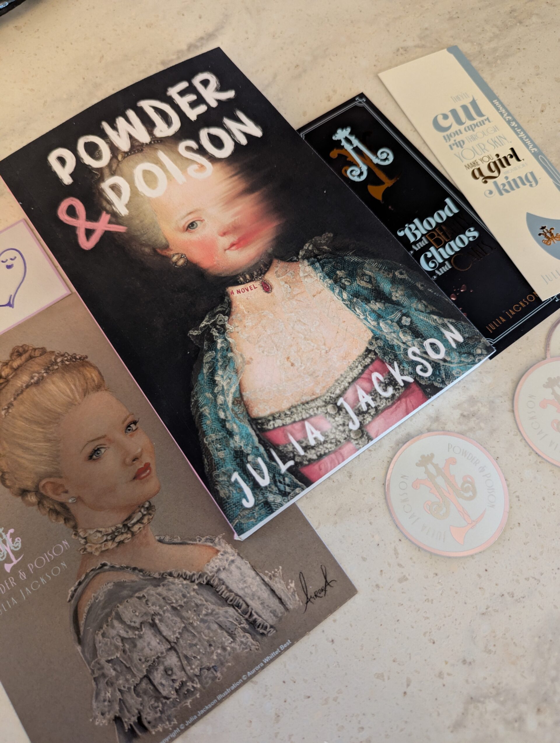 DESIGN: Logo, Bookmarks, Stickers and Book Plate for POWDER AND POISON by Julia Jackson.