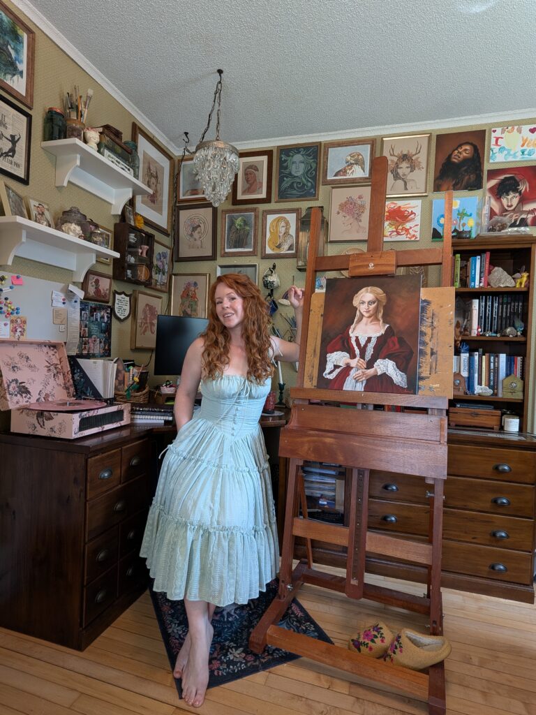 Aurora Whittet Best with her portrait of Clemence oil on canvas for author Samantha Sloane. 