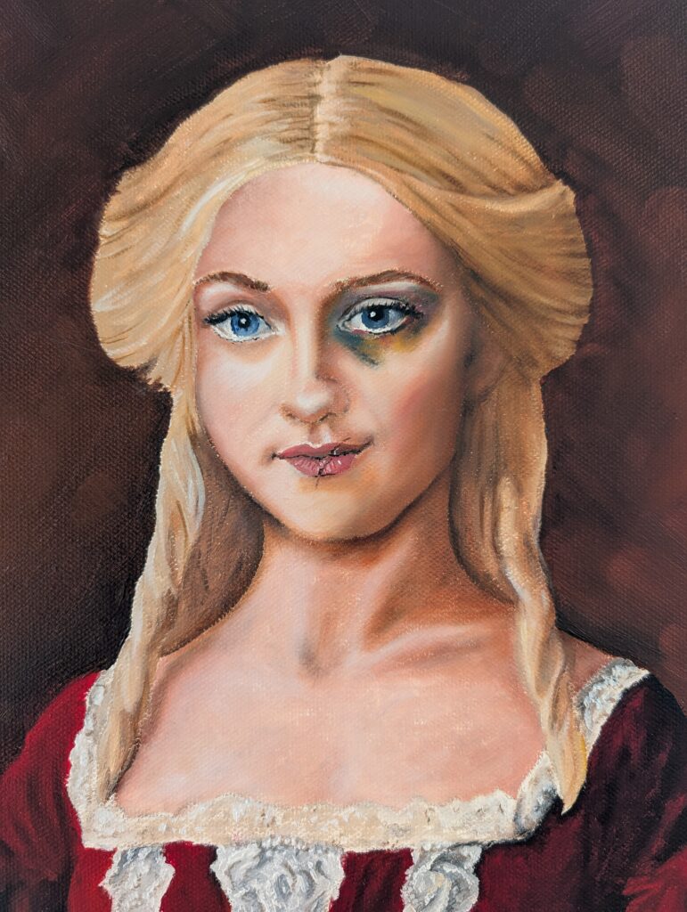 Clemence oil on canvas for author Samantha Sloane. Illustration by Aurora Whittet Best. Close up.  